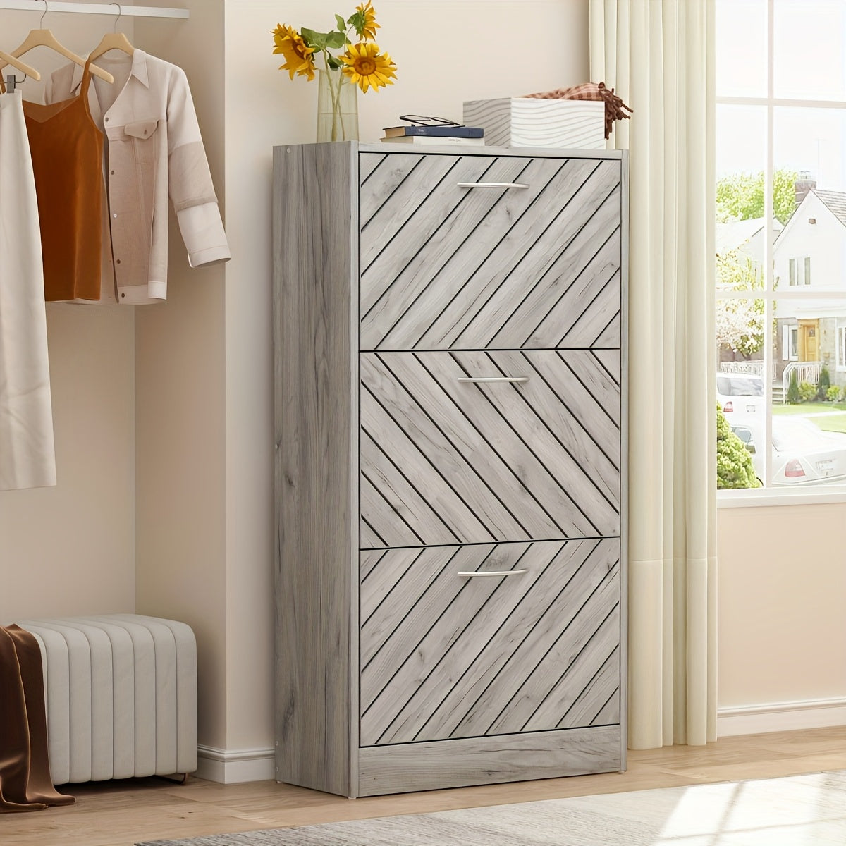 Modern Shoe Cabinet Organizer with 3 Flip-Up Drawers & Louver Doors - Heavy-Duty Shoe Storage for Entryway, Living Room, Hallway - Holds 18-Pairs (Space-Saving Design, Compact footprint under 27\