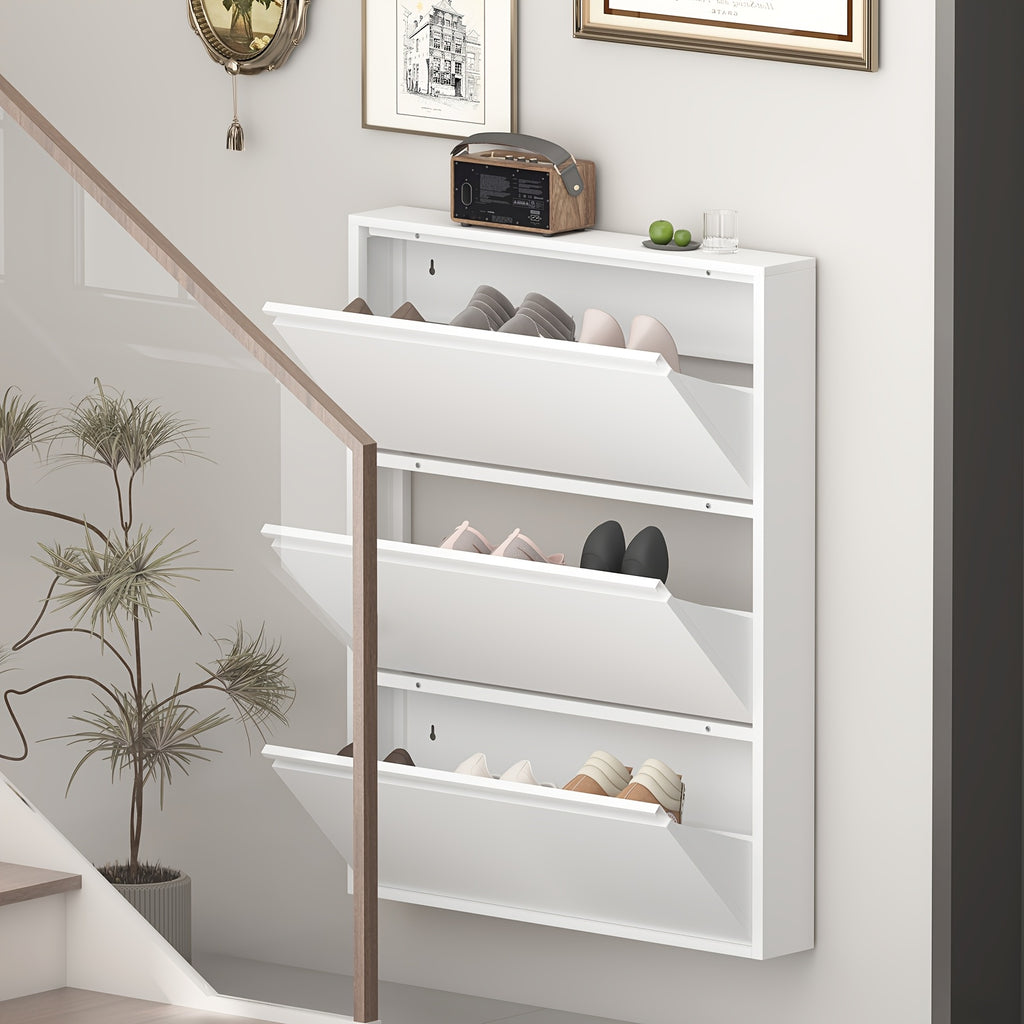 Wall-Mounted Shoe Cabinet with Flip-Door Drawers - Heavy-Duty Metal Shoe Storage Suitable for Entryway, Narrow Space-Saving Shoe Rack Organizer with Flip Doors, Assembly (No Wood Parts)