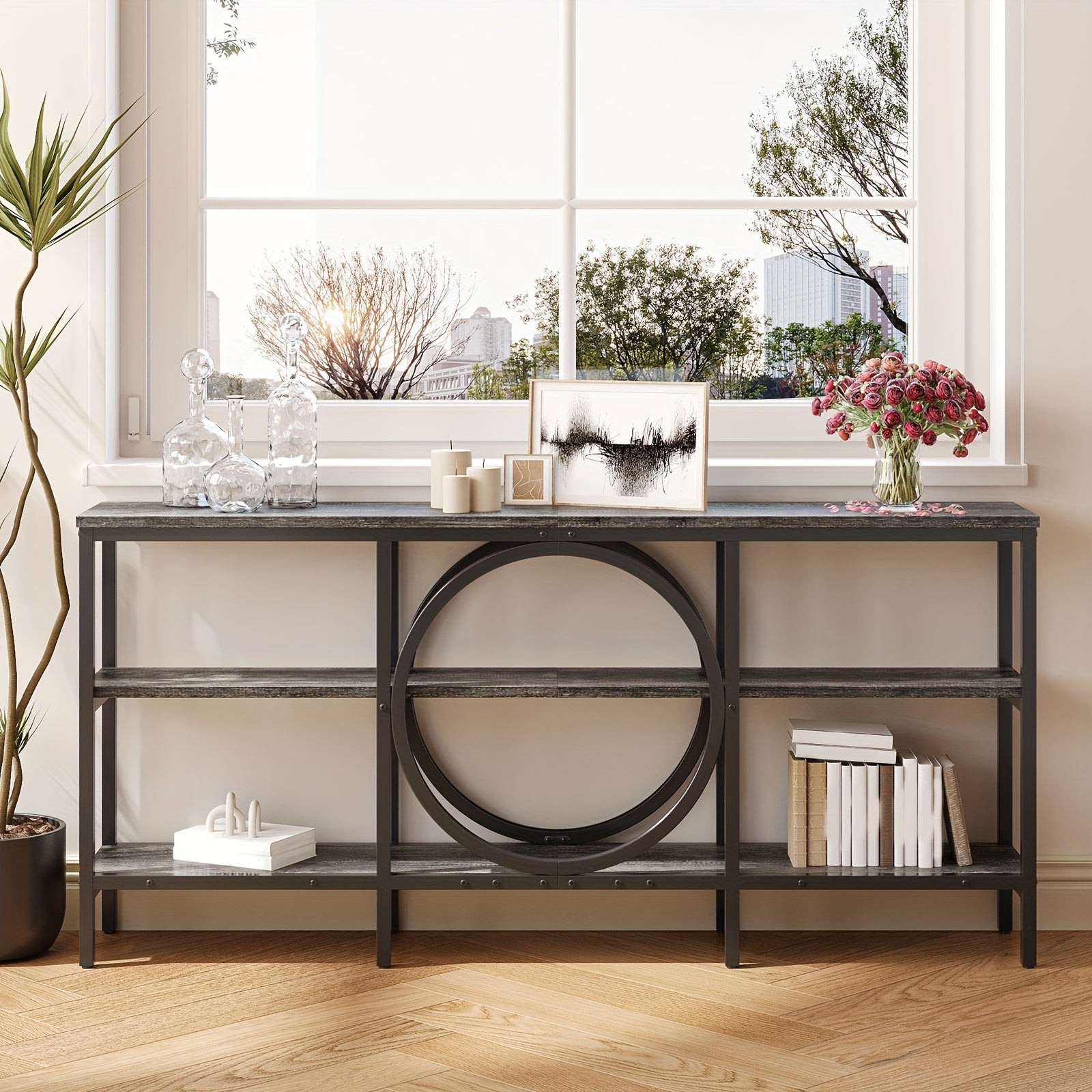 Console Table With Storage, 66.9 Inch Sofa Tables Narrow Long With 3 Tier Wood Storage Shelves Industrial Metal Frame Console Table For Entryway, Hallway, Living Room (Vintage Brown+Black)