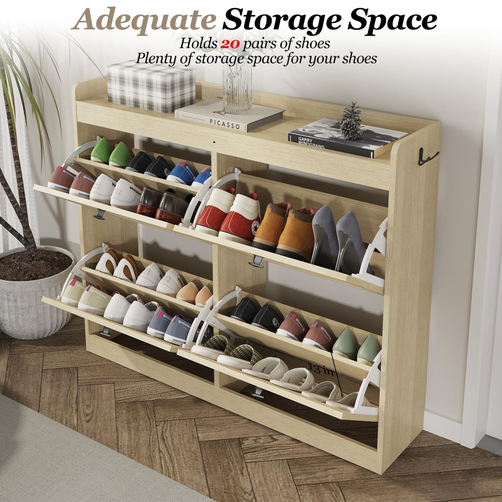 Large Narrow Freestanding Shoe Storage Cabinet with 4-Drawer Vertical Organizer - Modern Space-Saving Shoe Rack Suitable for Entryway, Hallway, Bedroom, Living Room - Assembly, Natural Finish &