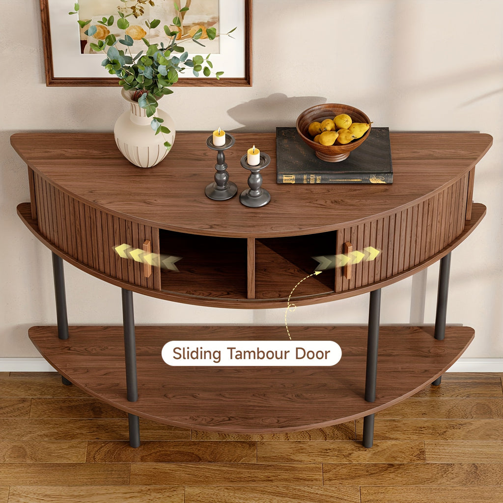 Half Fluted Console Table | Mid-Century Modern Style, Entryway Table with Storage, Behind Couch Table, Suitable for Entryway, Hallway, Living Room, Small Spaces, Walnut\u002FBlack, Made of Hardwood by PAZCASA