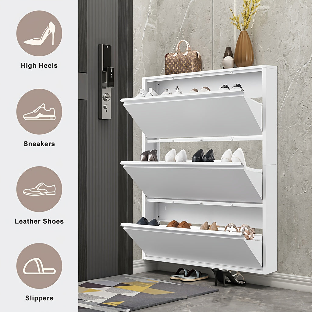 Wall-Mounted Shoe Cabinet with Flip-Door Drawers - Heavy-Duty Metal Shoe Storage Suitable for Entryway, Narrow Space-Saving Shoe Rack Organizer with Flip Doors, Assembly (No Wood Parts)