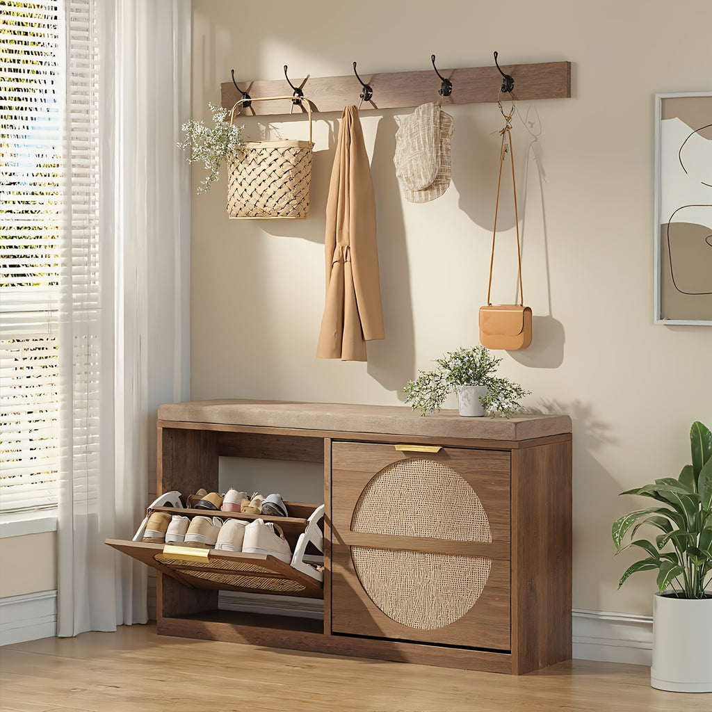 Rustic Rattan Entryway Bench with Cushion & Coat Rack - Narrow Shoe Cabinet Suitable for Hallway, Frame with Flip-Door Storage & 5-Hook Coat Rack, Cushioned, Space-Saving Shoe Organizer for Small Spaces, Entryway Furniture