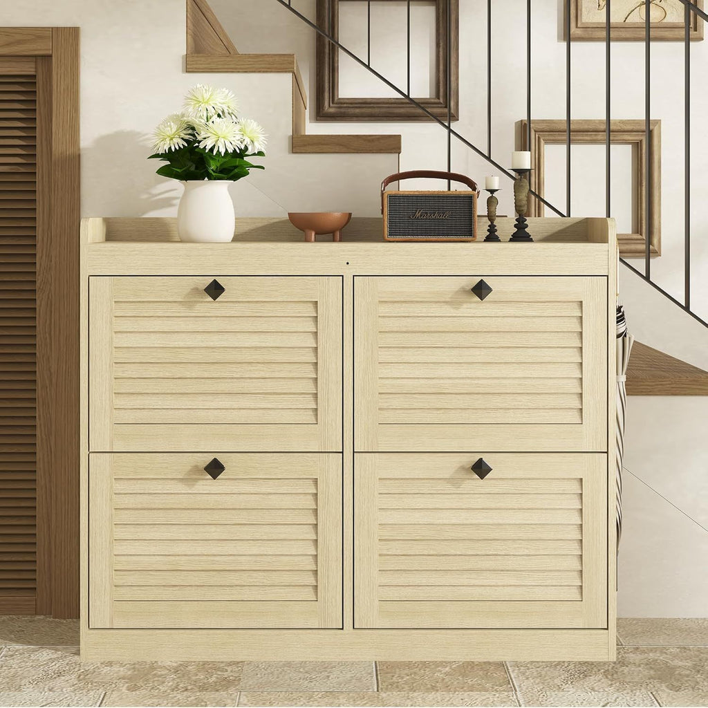 Large Narrow Freestanding Shoe Storage Cabinet with 4-Drawer Vertical Organizer - Modern Space-Saving Shoe Rack Suitable for Entryway, Hallway, Bedroom, Living Room - Assembly, Natural Finish &