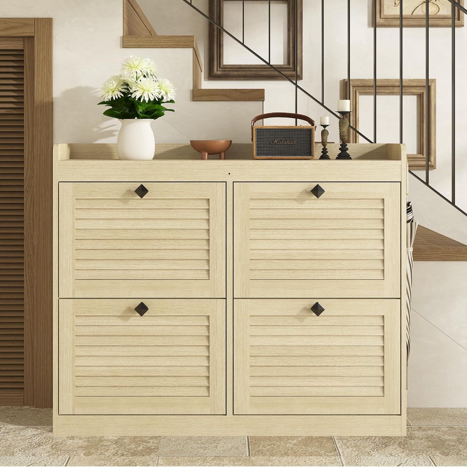 Large Narrow Freestanding Shoe Storage Cabinet with 4-Drawer Vertical Organizer - Modern Space-Saving Shoe Rack Suitable for Entryway, Hallway, Bedroom, Living Room - Assembly, Natural Finish &