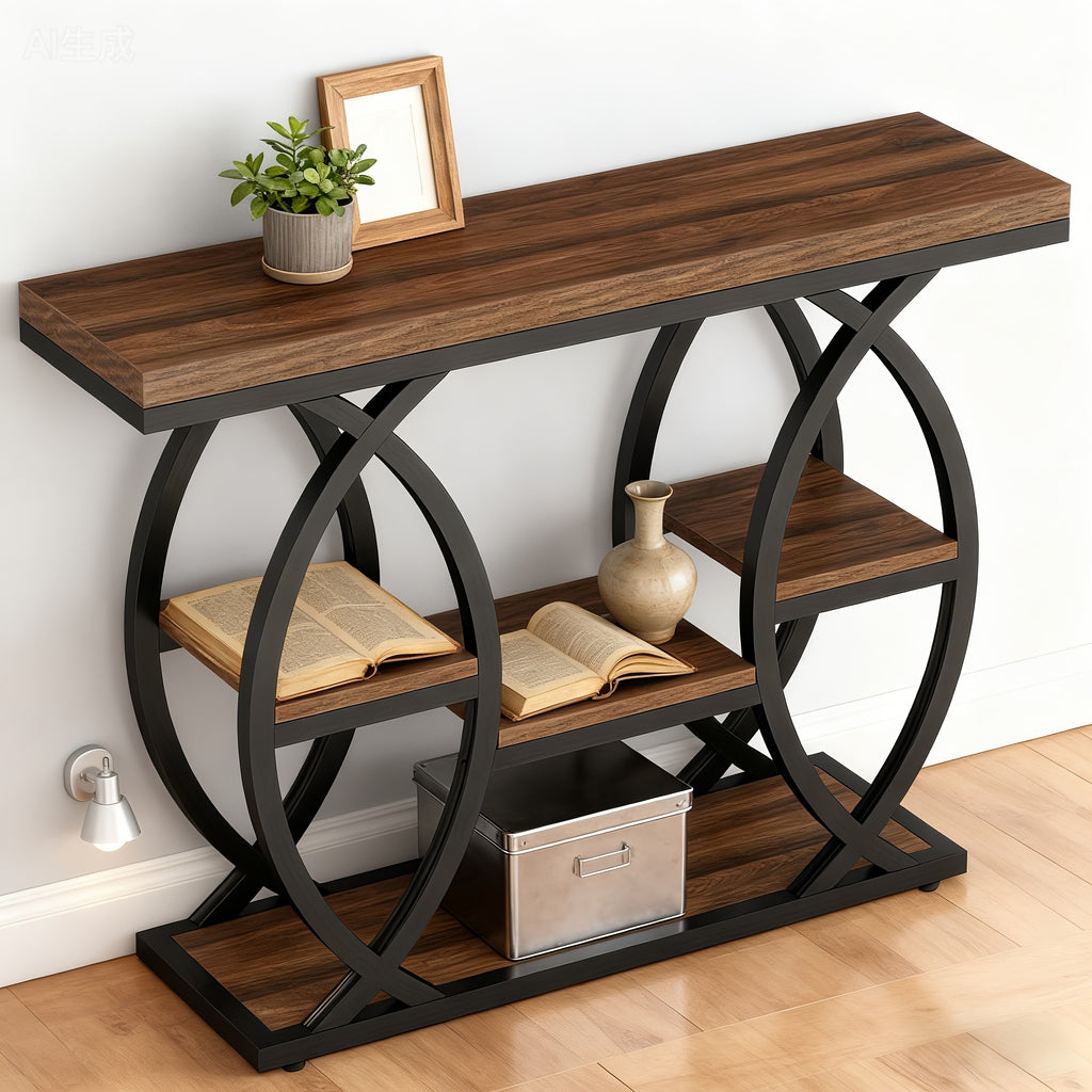 Walnut- Multi-Tier Entryway Table with Metal Frame - Space-Saving Modern Farmhouse Hall Table, Engineered Wood Top & Walnut Base, Easy Assembly, 27\
