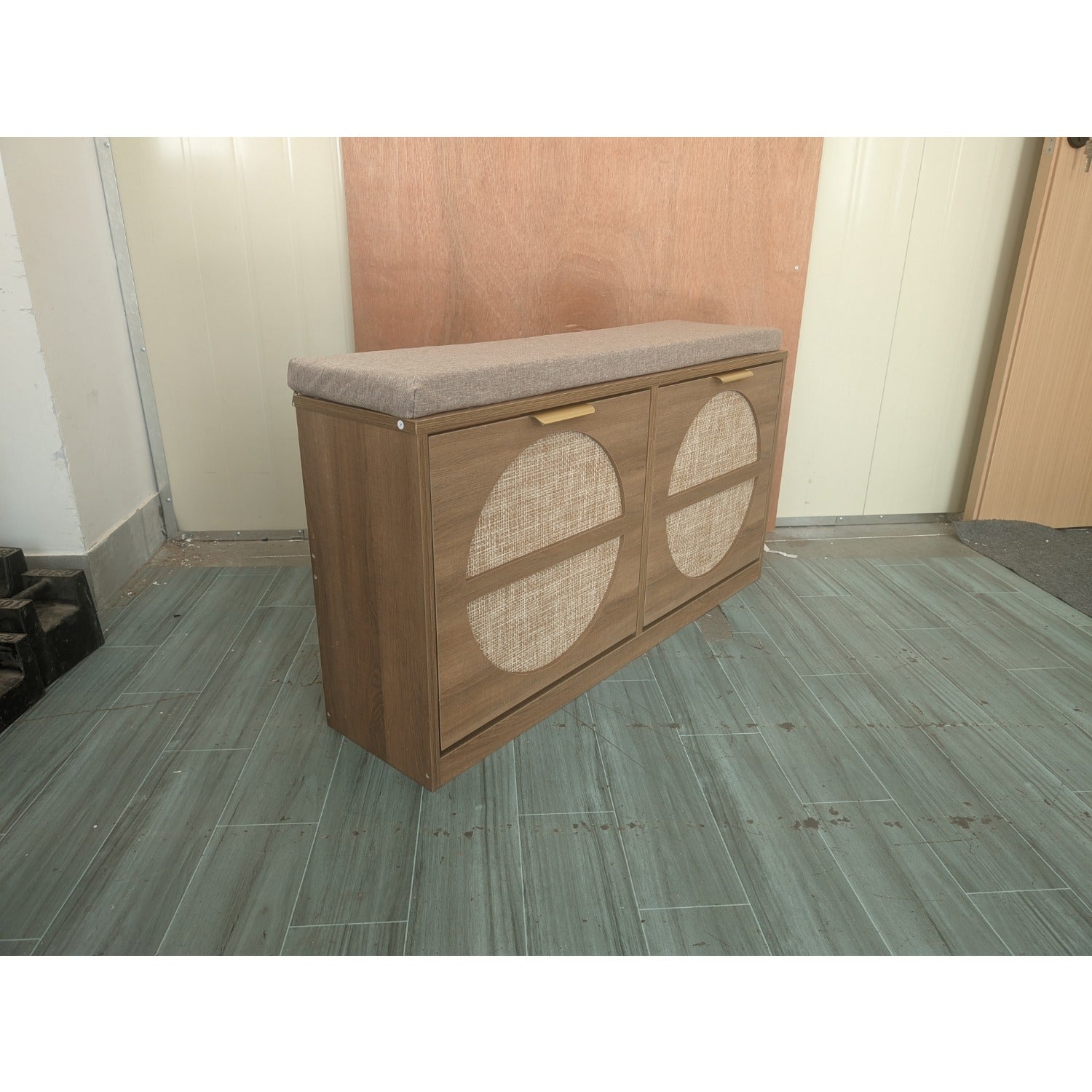 Rustic Rattan Entryway Bench with Cushion & Coat Rack - Narrow Shoe Cabinet Suitable for Hallway, Frame with Flip-Door Storage & 5-Hook Coat Rack, Cushioned, Space-Saving Shoe Organizer for Small Spaces, Entryway Furniture