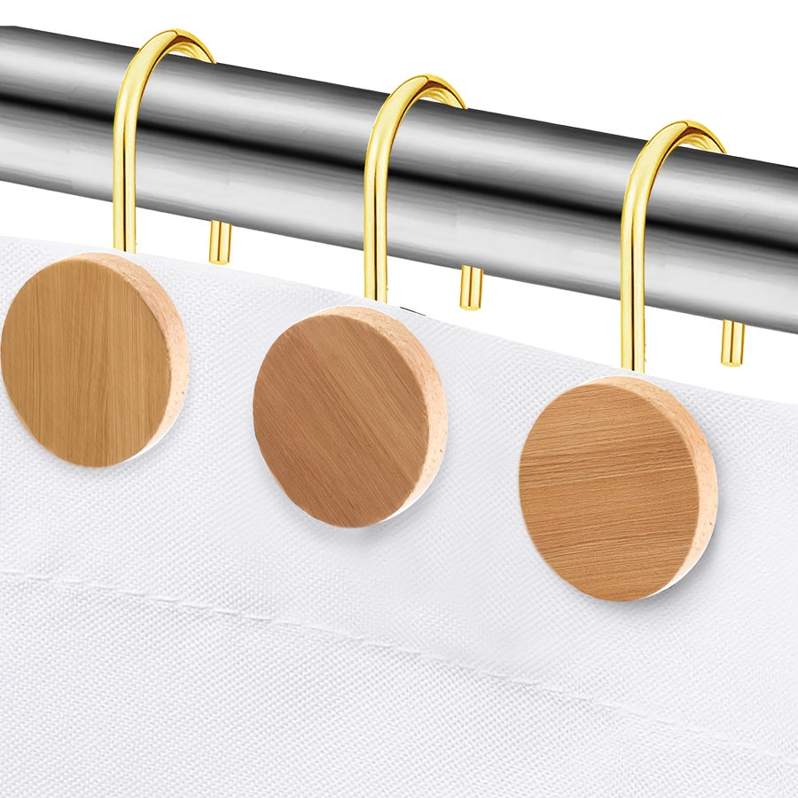 12pcs Wood Decorative Curtain Hooks, Shower Curtain Rings for Bathroom, Modern Decorative Shower Curtain Hangers for Shower Curtain Rod