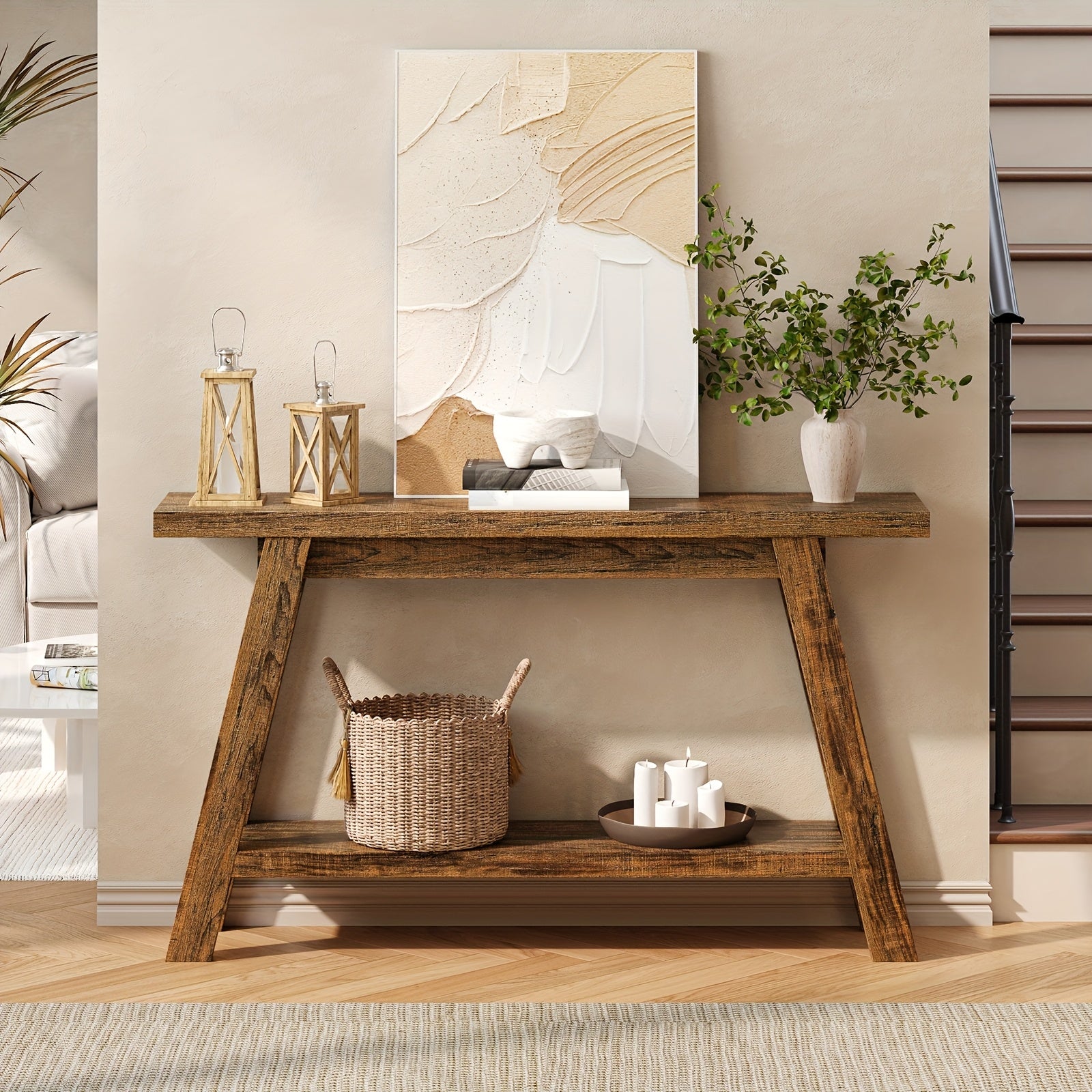 A 55-Inch Minimalist Console Table Designed for Entryways, Featuring a Narrow Rectangular Shape. It Can Serve As a Sofa Table Or TV Stand, Has a Two-Layer Design, Is Easy to Assemble, And Is Ideal for Corridors, Living Rooms, Entrances, And Halls