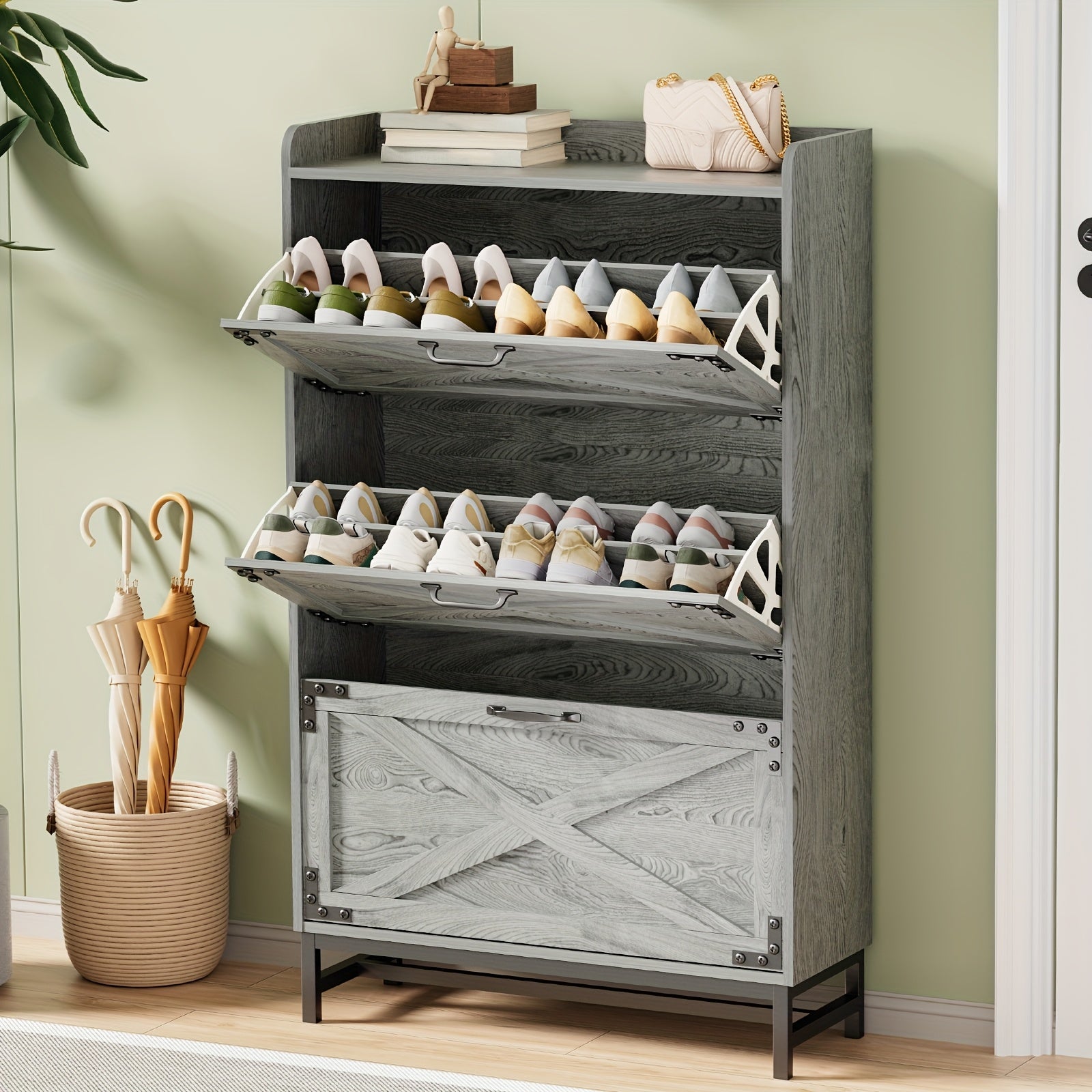 Shoe Storage, Shoe Racks, Shoe Storage Organizer, Cabinet with Doors, Compact Shoe Organizer with 2 Flip Drawers, for Entryway\u002FPorch\u002FLiving Room, Multiple Detachable Sturdy Racks, Perfect Holiday Gift for Home Organization