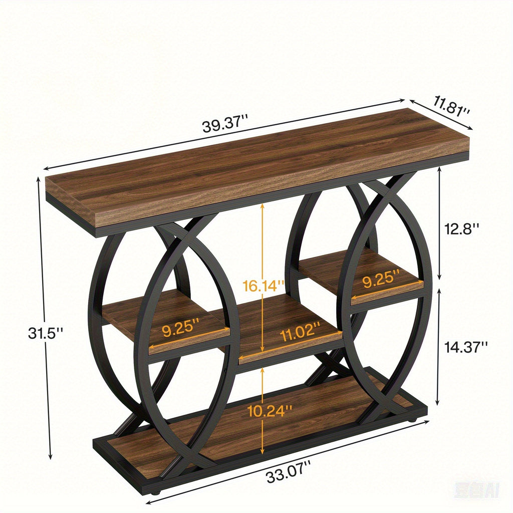 Walnut- Multi-Tier Entryway Table with Metal Frame - Space-Saving Modern Farmhouse Hall Table, Engineered Wood Top & Walnut Base, Easy Assembly, 27\