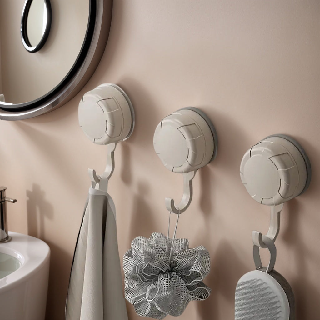 3 Non Punching Suction Cup Hooks - Strong Vacuum Self-adhesive Wall Hooks, White And Gray - Durable Plastic Towel Rack Suitable for Kitchen, Bathroom, And Toilet - Non Damaging And Reusable Practical Hooks, Multifunctional Hooks, Utility Hooks