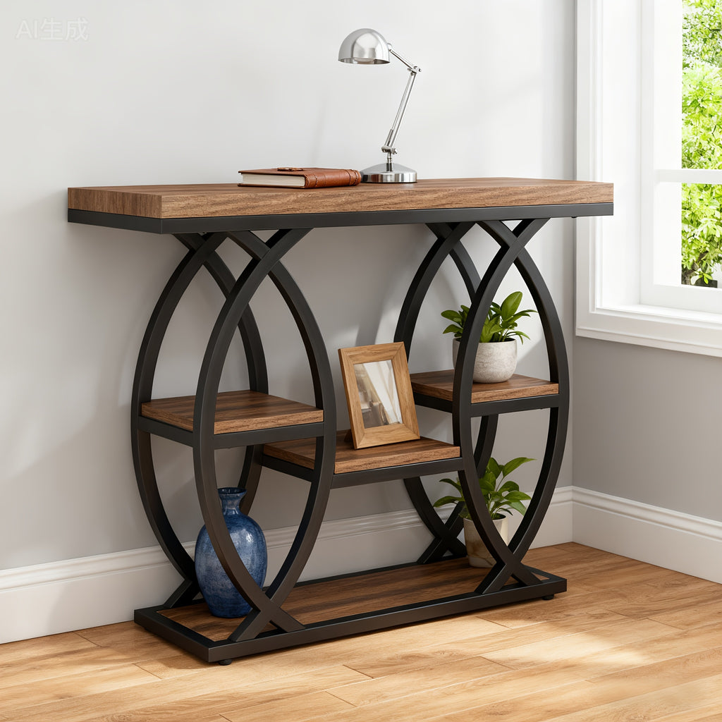 Walnut- Multi-Tier Entryway Table with Metal Frame - Space-Saving Modern Farmhouse Hall Table, Engineered Wood Top & Walnut Base, Easy Assembly, 27\