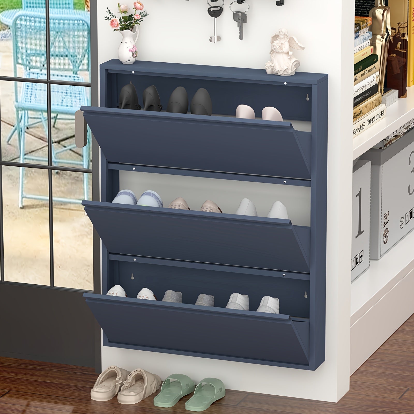 Wall-Mounted Shoe Cabinet with Flip-Door Drawers - Heavy-Duty Metal Shoe Storage Suitable for Entryway, Narrow Space-Saving Shoe Rack Organizer with Flip Doors, Assembly (No Wood Parts)