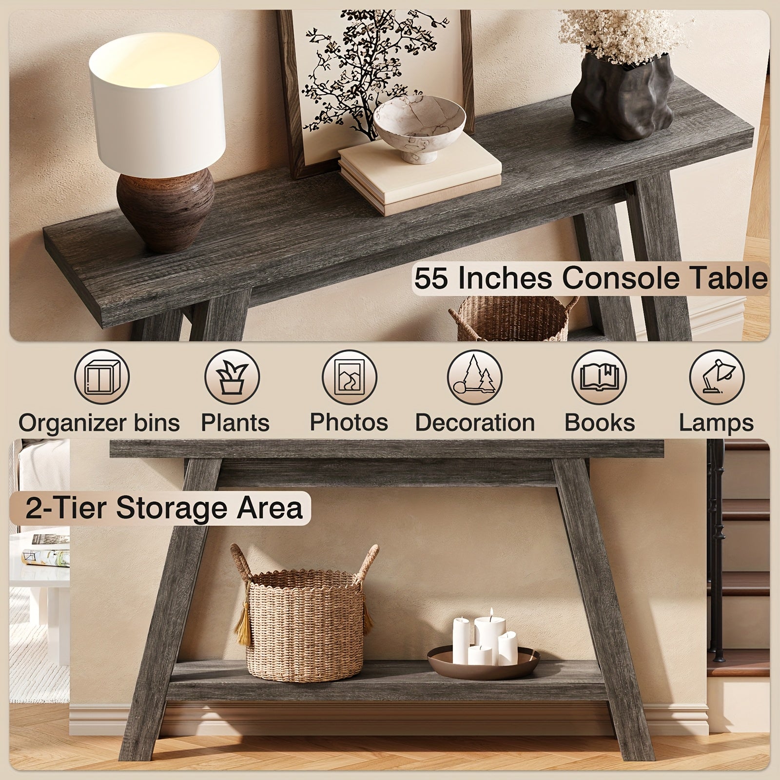 55-inch Farmhouse Entryway Table Solid Wood 2-level Narrow Sofa Table For The Living Room Dining Hallway, Perfect For The Country Entrance Table In The Living Room