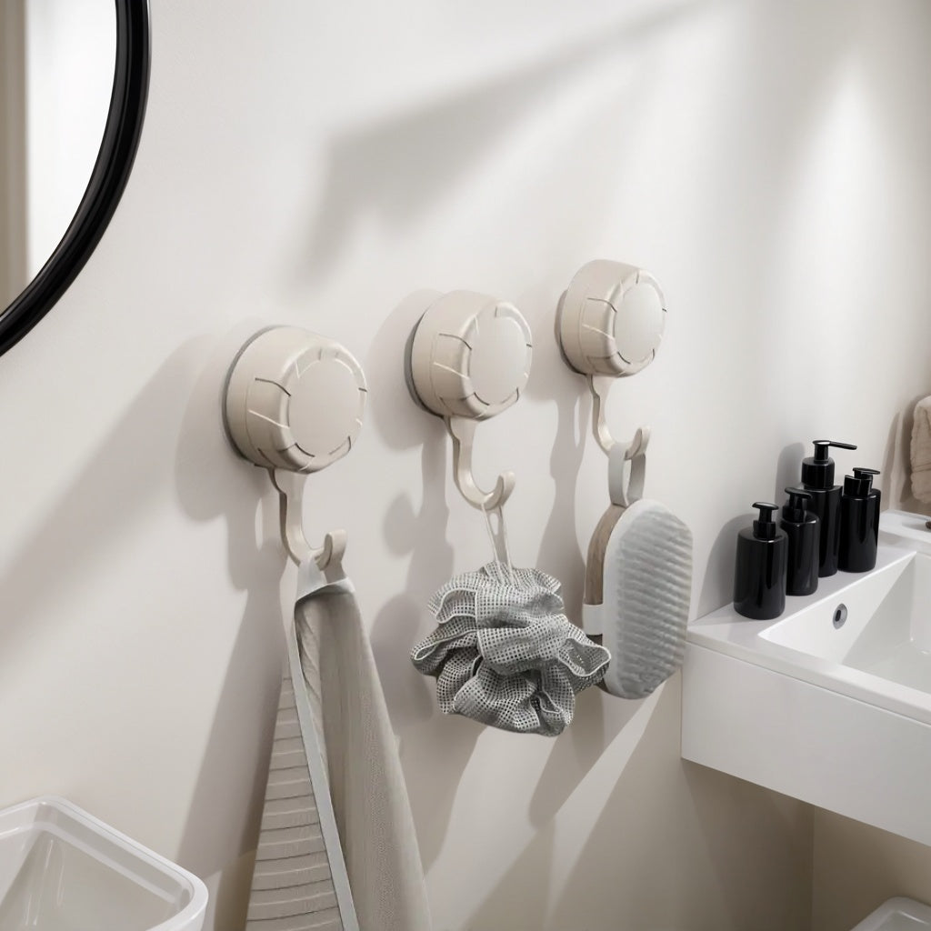 3 Non Punching Suction Cup Hooks - Strong Vacuum Self-adhesive Wall Hooks, White And Gray - Durable Plastic Towel Rack Suitable for Kitchen, Bathroom, And Toilet - Non Damaging And Reusable Practical Hooks, Multifunctional Hooks, Utility Hooks