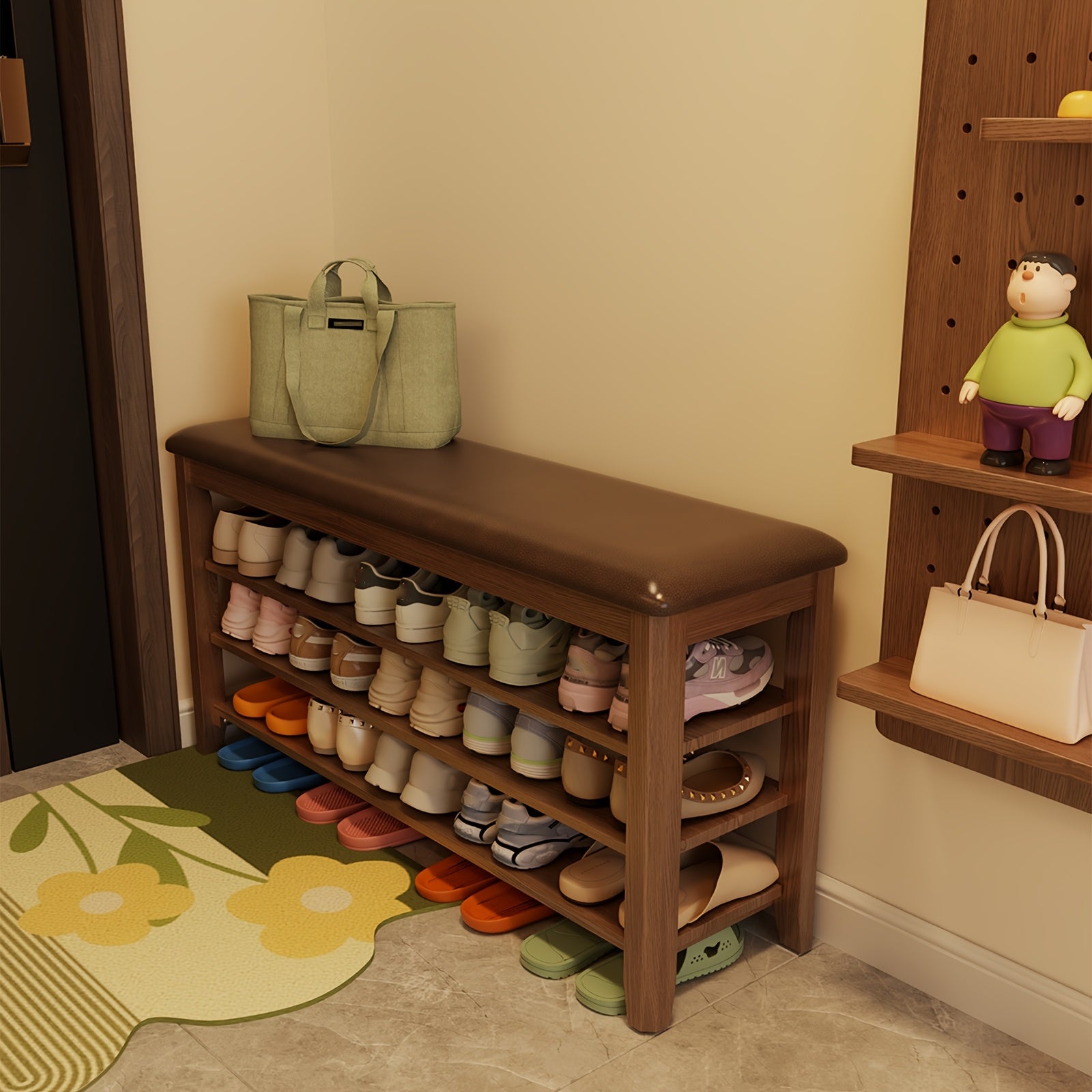 Three-tier Shoe Cabinet With Cushion Adjustable Height Solid Wood Shoe Rack Storage Cabinet Free Delivery Home Furnishings Foyer Furniture Limited Time Offer Walnut White Black, Christmas Gifts, Black Fridays Items, Free Shipping