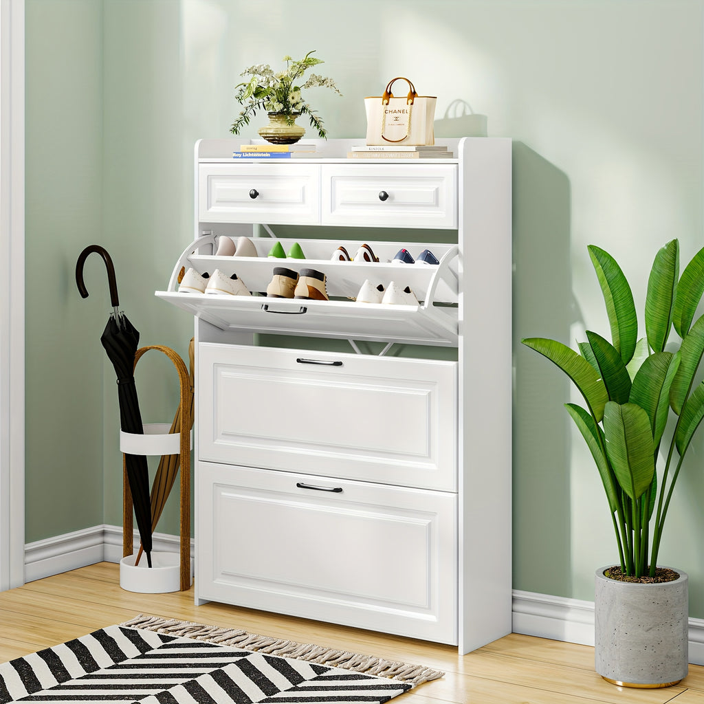 White Farmhouse Tall Shoe Storage Cabinet with 2 Flip-Down Drawers & Hidden Slim Organizer - Freestanding Narrow Shoe Rack with Golden-Toned Hardware, Space-Saving Entryway Organizer, Large Tabletop, Sturdy Hardwood Construction for Hallway, Foyer