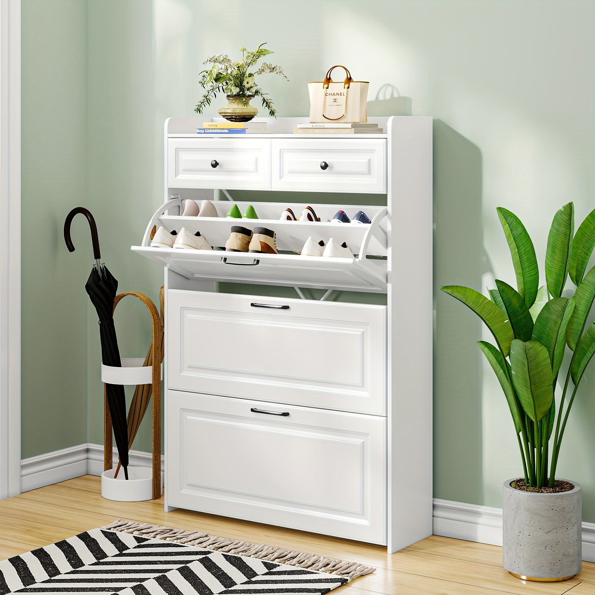 White Farmhouse Tall Shoe Storage Cabinet with 2 Flip-Down Drawers & Hidden Slim Organizer - Freestanding Narrow Shoe Rack with Golden-Toned Hardware, Space-Saving Entryway Organizer, Large Tabletop, Sturdy Hardwood Construction for Hallway, Foyer