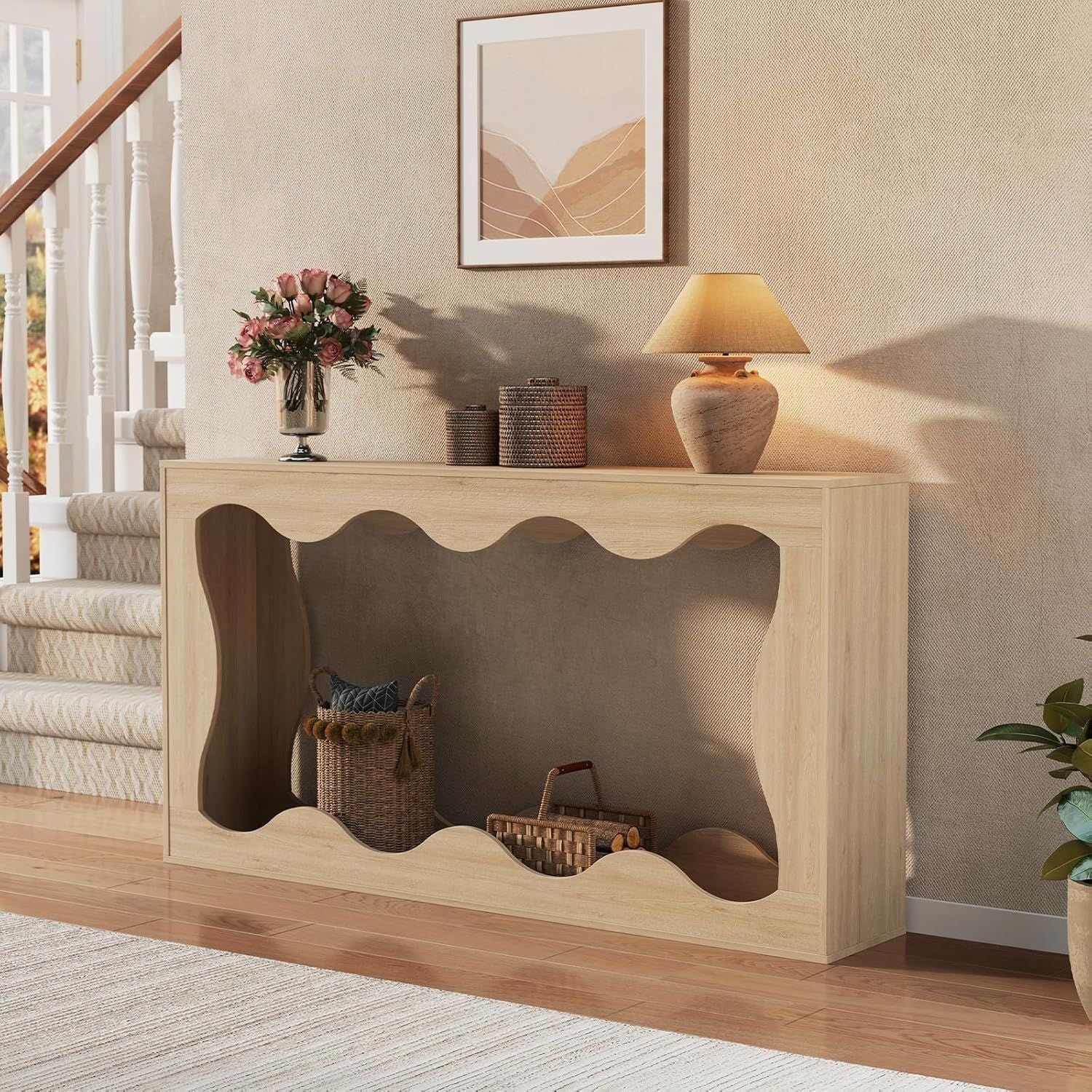 Wave-Shaped Entryway Console Table - Curved Hallway Table with Durable Particleboard, Assembly, Space-Saving Modern or Traditional for Narrow Halls, Apartments & Homes - Multifunctional Console Desk (No Wood)