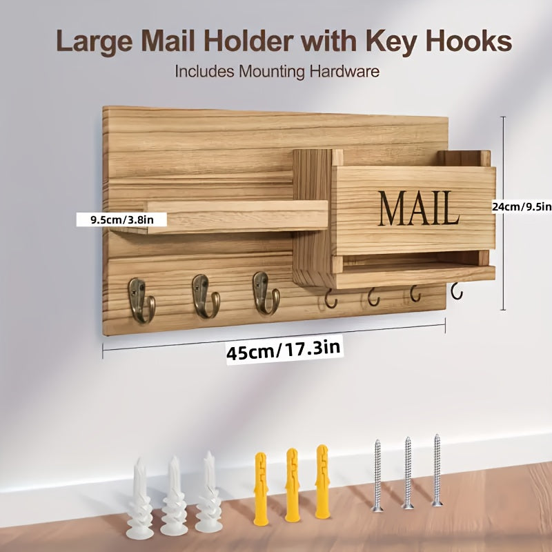 A Single Piece of Vintage-Style Brown Wooden Wall-Mounted Storage Unit Designed for Home Decor, Featuring Hooks for Keys, a Rack for Envelopes, And a Coat Hanger. This Wooden Storage Solution Serves As Both a Key Holder And a Decorative Hanging Rack