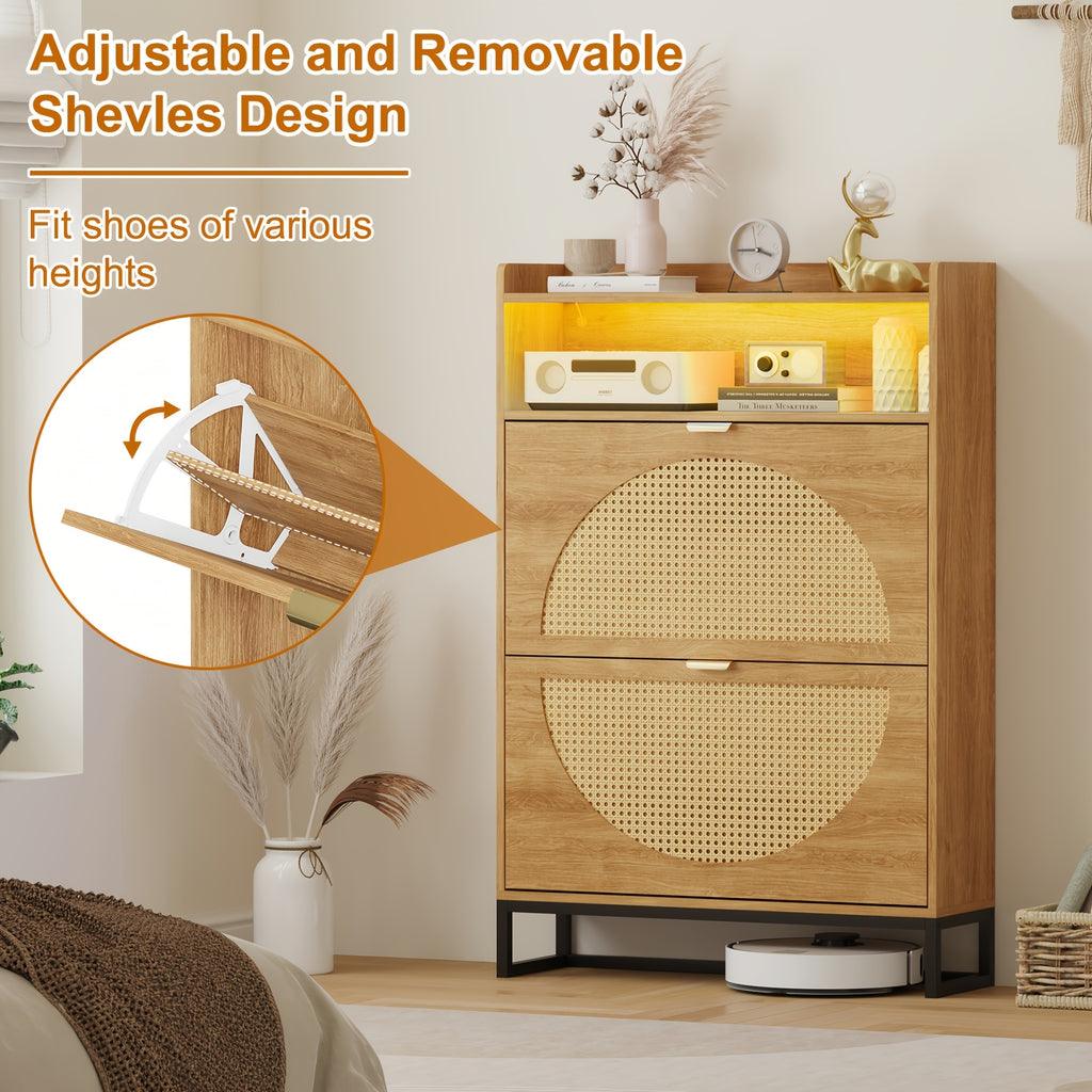 Rattan Shoe Storage Cabinet with 2 Flip Drawers | Freestanding, Sensor Light, Hidden Golden Handles, Narrow, Entryway, Metal Legs, Rustic Oak Style - LSHUIZHU