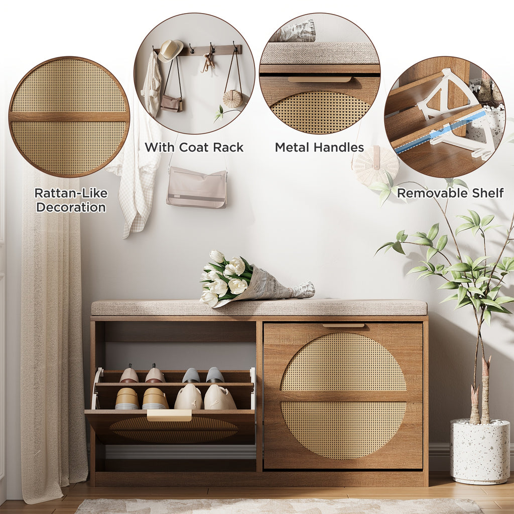 Rustic Rattan Entryway Bench with Cushion & Coat Rack - Narrow Shoe Cabinet Suitable for Hallway, Frame with Flip-Door Storage & 5-Hook Coat Rack, Cushioned, Space-Saving Shoe Organizer for Small Spaces, Entryway Furniture