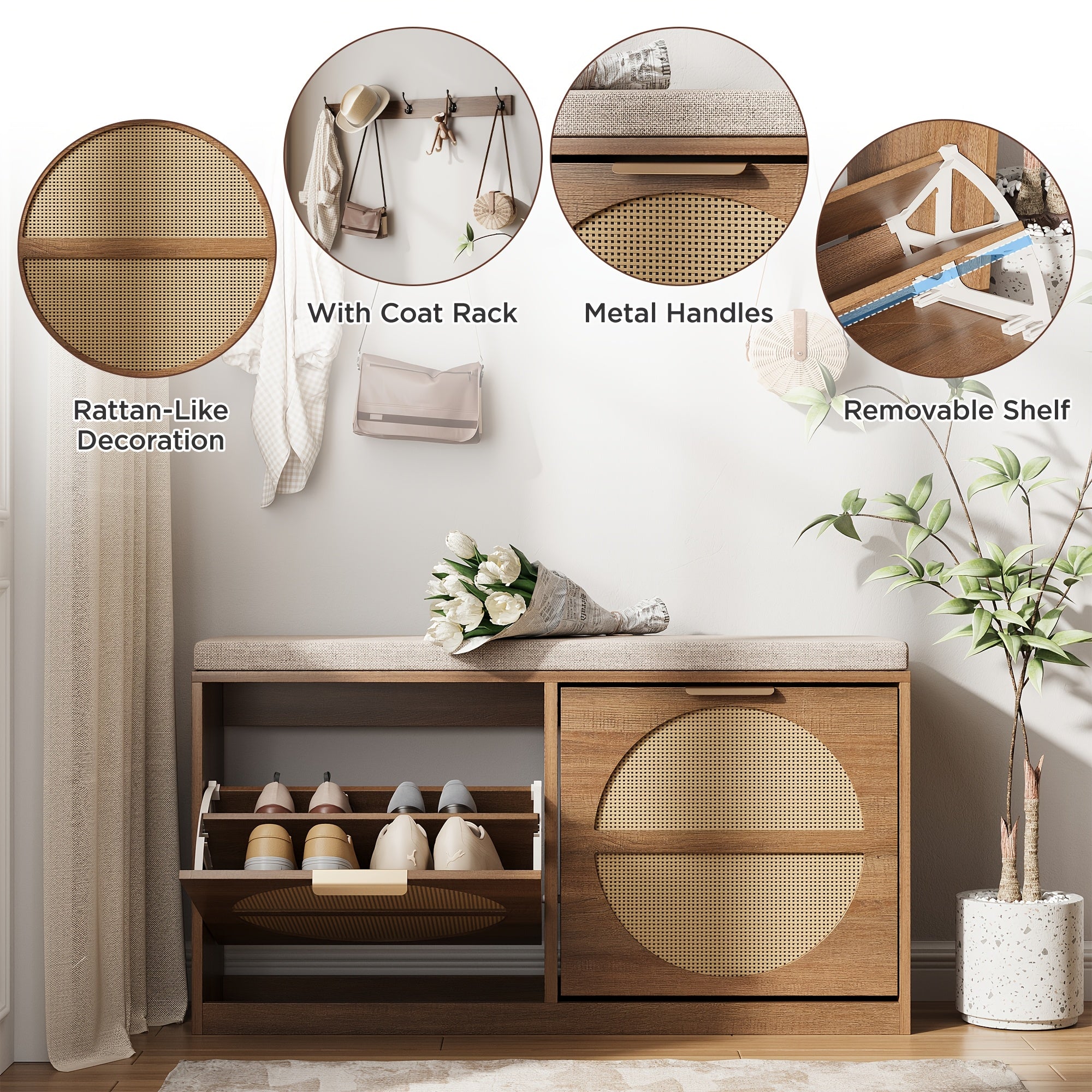 Rustic Rattan Entryway Bench with Cushion & Coat Rack - Narrow Shoe Cabinet Suitable for Hallway, Frame with Flip-Door Storage & 5-Hook Coat Rack, Cushioned, Space-Saving Shoe Organizer for Small Spaces, Entryway Furniture