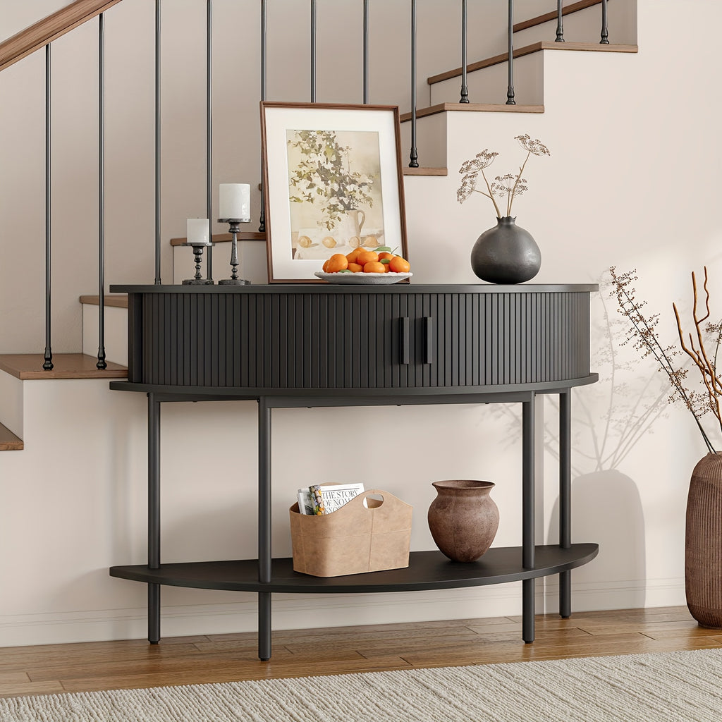 Half Fluted Console Table | Mid-Century Modern Style, Entryway Table with Storage, Behind Couch Table, Suitable for Entryway, Hallway, Living Room, Small Spaces, Walnut\u002FBlack, Made of Hardwood by PAZCASA