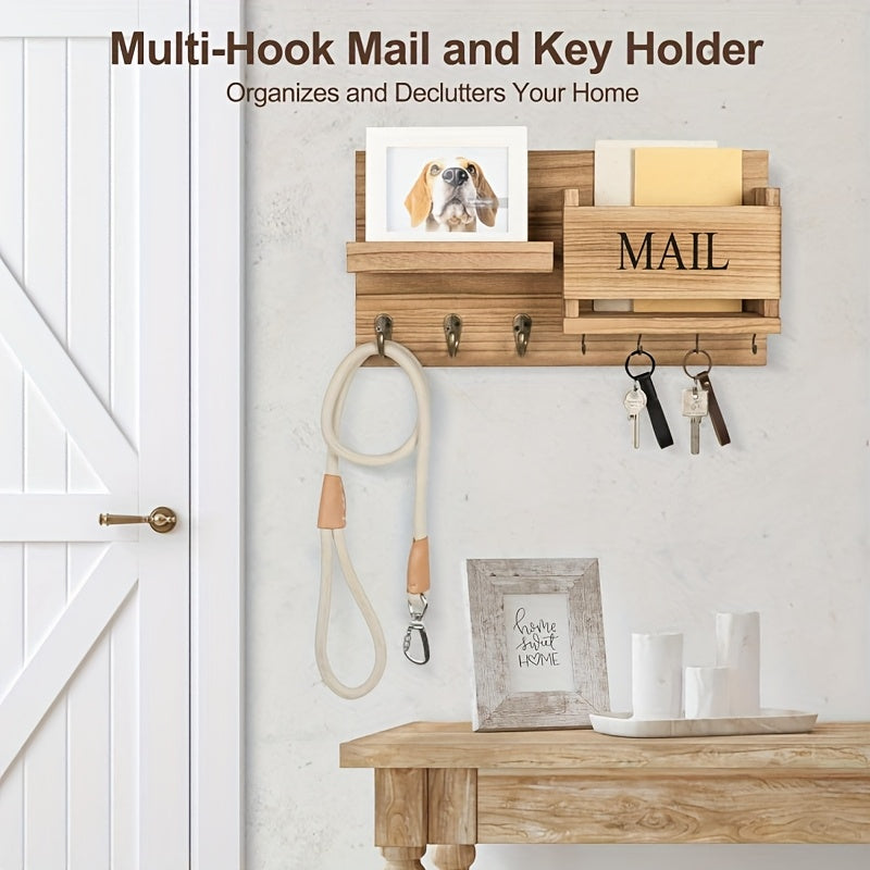 A Single Piece of Vintage-Style Brown Wooden Wall-Mounted Storage Unit Designed for Home Decor, Featuring Hooks for Keys, a Rack for Envelopes, And a Coat Hanger. This Wooden Storage Solution Serves As Both a Key Holder And a Decorative Hanging Rack
