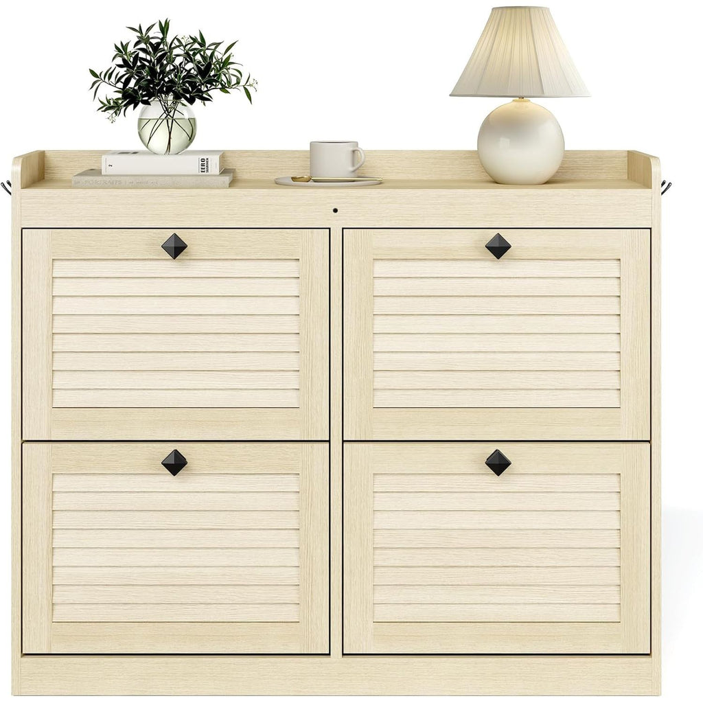 Large Narrow Freestanding Shoe Storage Cabinet with 4-Drawer Vertical Organizer - Modern Space-Saving Shoe Rack Suitable for Entryway, Hallway, Bedroom, Living Room - Assembly, Natural Finish &