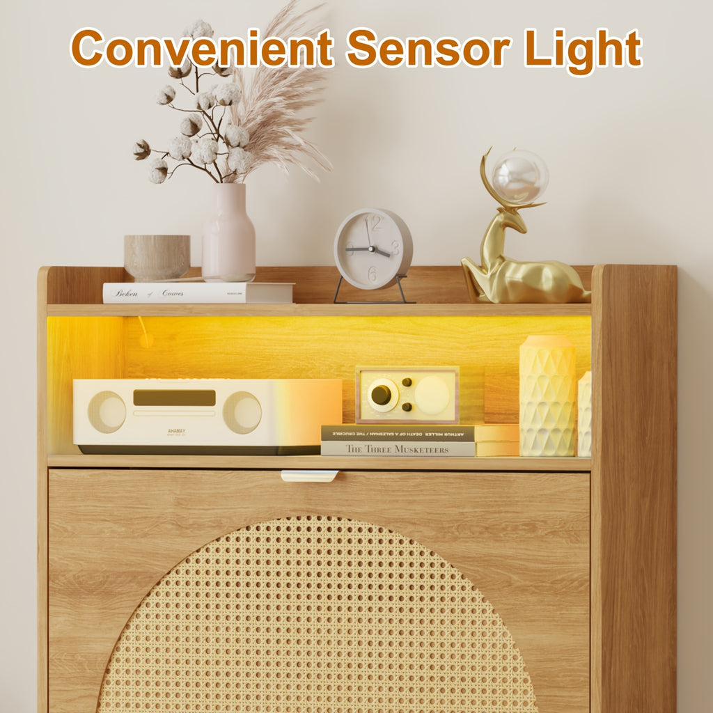 Rattan Shoe Storage Cabinet with 2 Flip Drawers | Freestanding, Sensor Light, Hidden Golden Handles, Narrow, Entryway, Metal Legs, Rustic Oak Style - LSHUIZHU