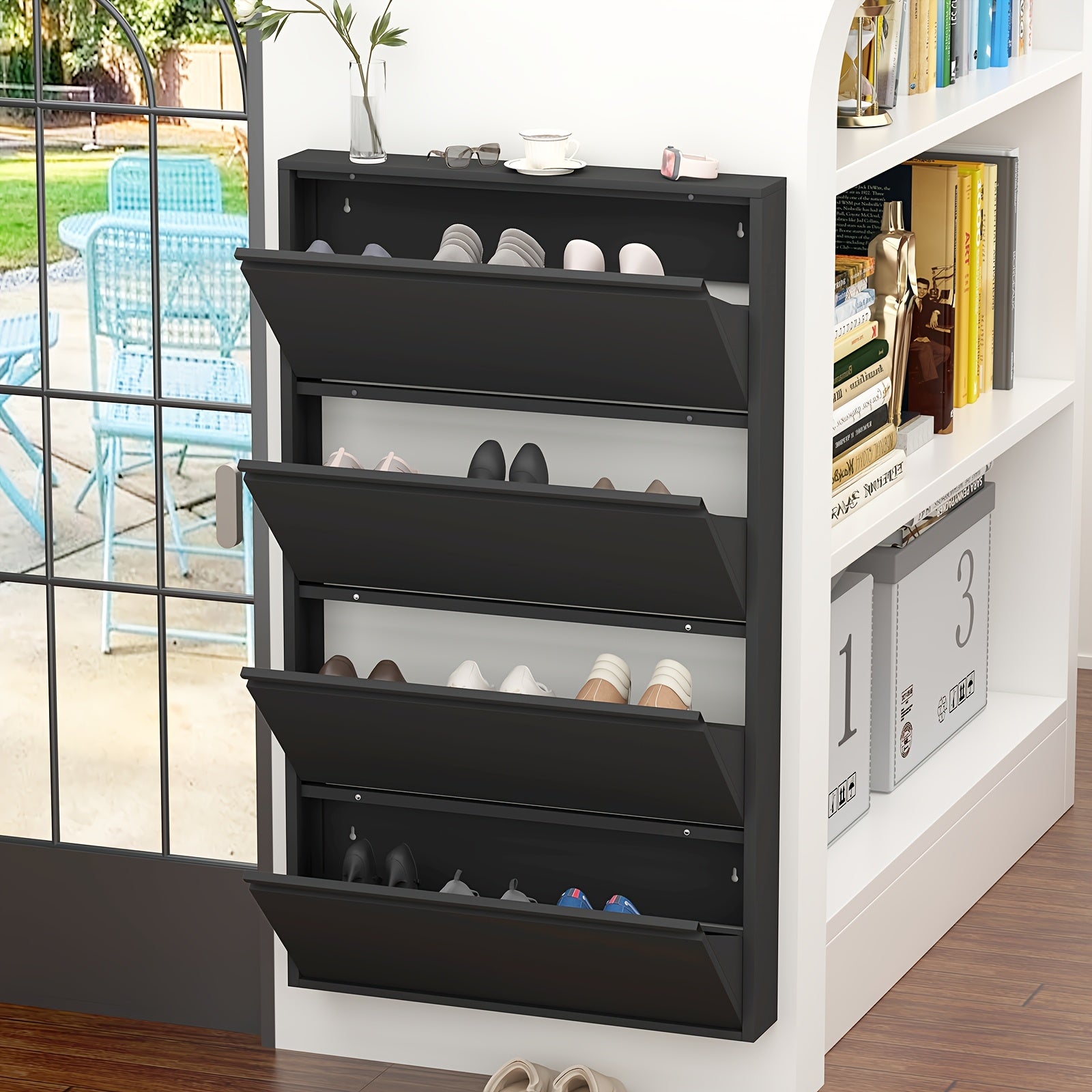 Wall-Mounted Shoe Cabinet with Flip-Door Drawers - Heavy-Duty Metal Shoe Storage Suitable for Entryway, Narrow Space-Saving Shoe Rack Organizer with Flip Doors, Assembly (No Wood Parts)