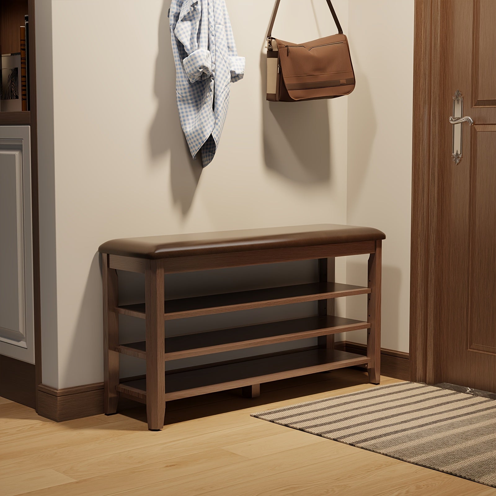 Three-tier Shoe Cabinet With Cushion Adjustable Height Solid Wood Shoe Rack Storage Cabinet Free Delivery Home Furnishings Foyer Furniture Limited Time Offer Walnut White Black, Christmas Gifts, Black Fridays Items, Free Shipping