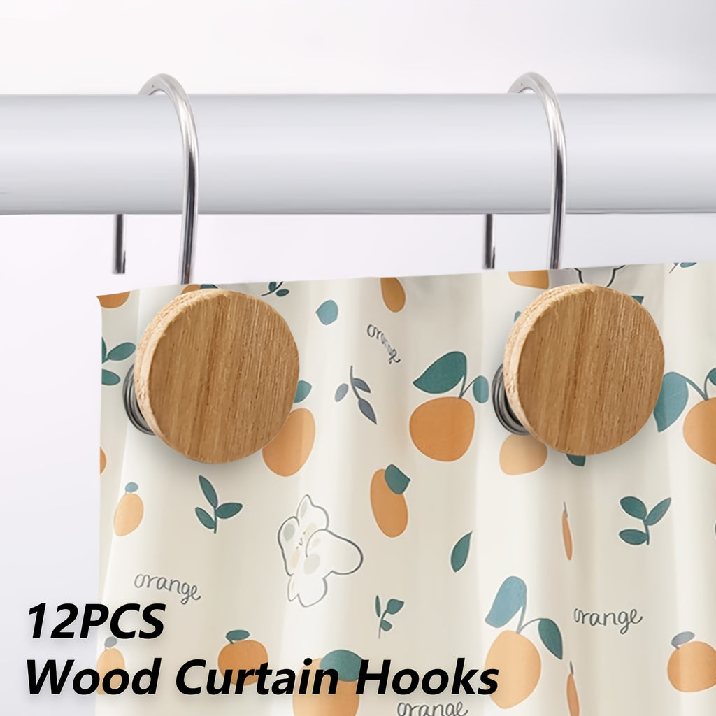 12pcs Wood Decorative Curtain Hooks, Shower Curtain Rings for Bathroom, Modern Decorative Shower Curtain Hangers for Shower Curtain Rod