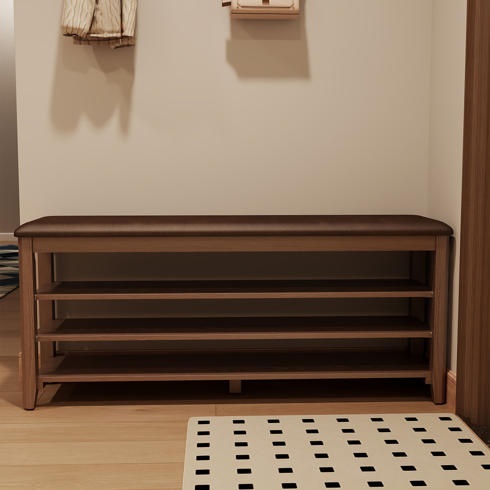 Three-tier Shoe Cabinet With Cushion Adjustable Height Solid Wood Shoe Rack Storage Cabinet Free Delivery Home Furnishings Foyer Furniture Limited Time Offer Walnut White Black, Christmas Gifts, Black Fridays Items, Free Shipping