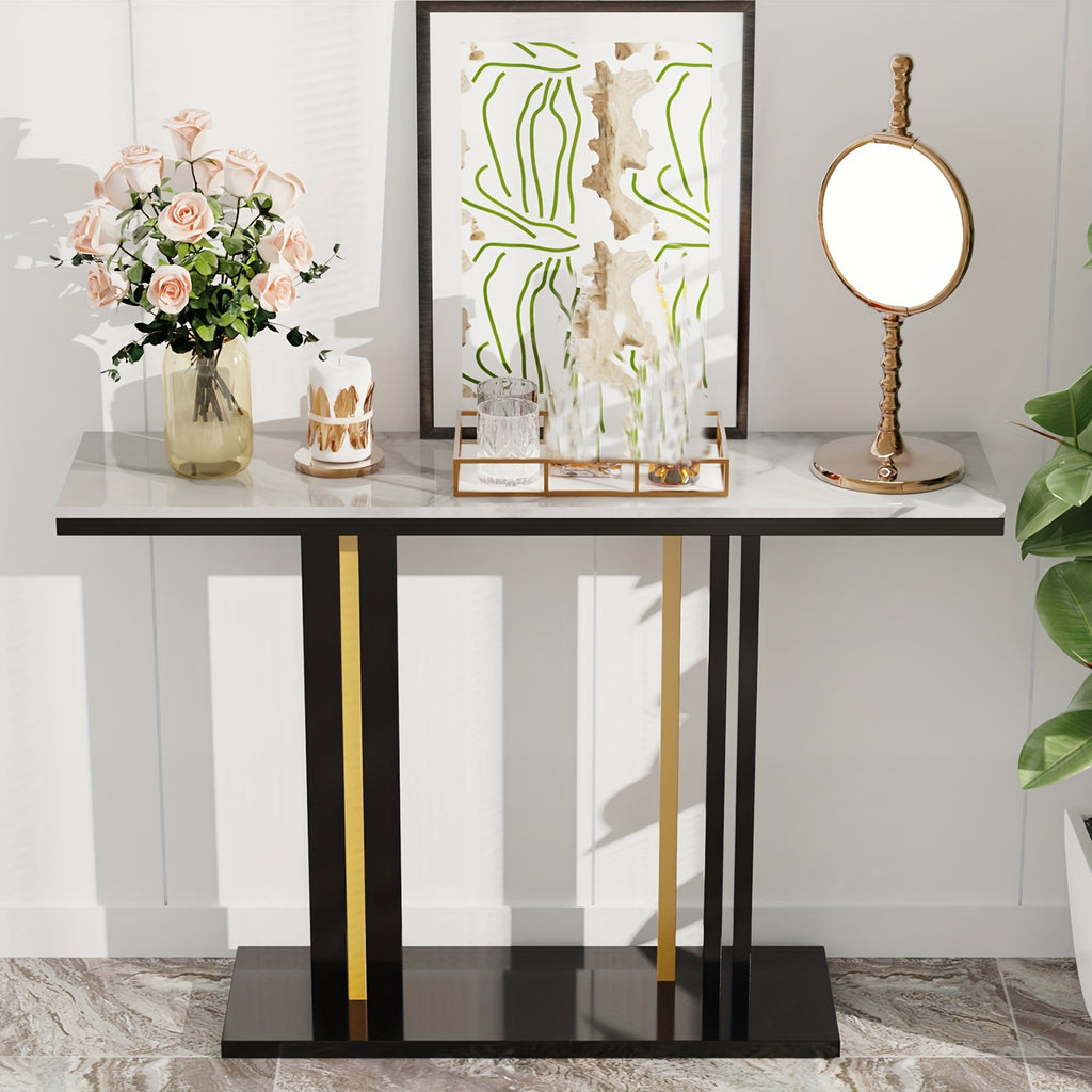 AESOME Modern Luxury Console Table with Snow Mountain White -Look Sintered Stone Top & Black\u002FGolden Metal Pedestal - Entryway Table for Hallway,, Sofa Side - Assembly, Scratch-Resistant, -