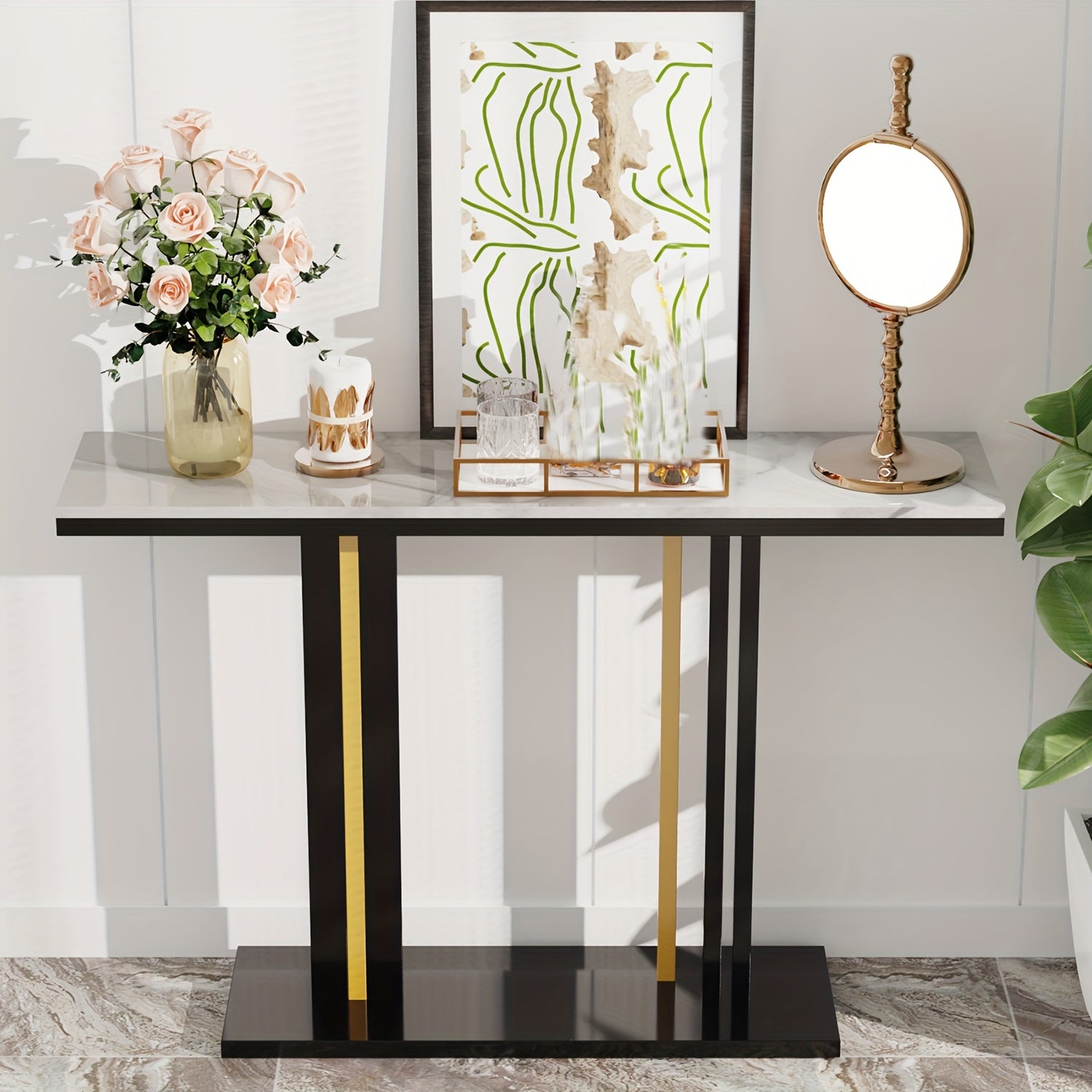 AESOME Modern Luxury Console Table with Snow Mountain White -Look Sintered Stone Top & Black\u002FGolden Metal Pedestal - Entryway Table for Hallway,, Sofa Side - Assembly, Scratch-Resistant, -