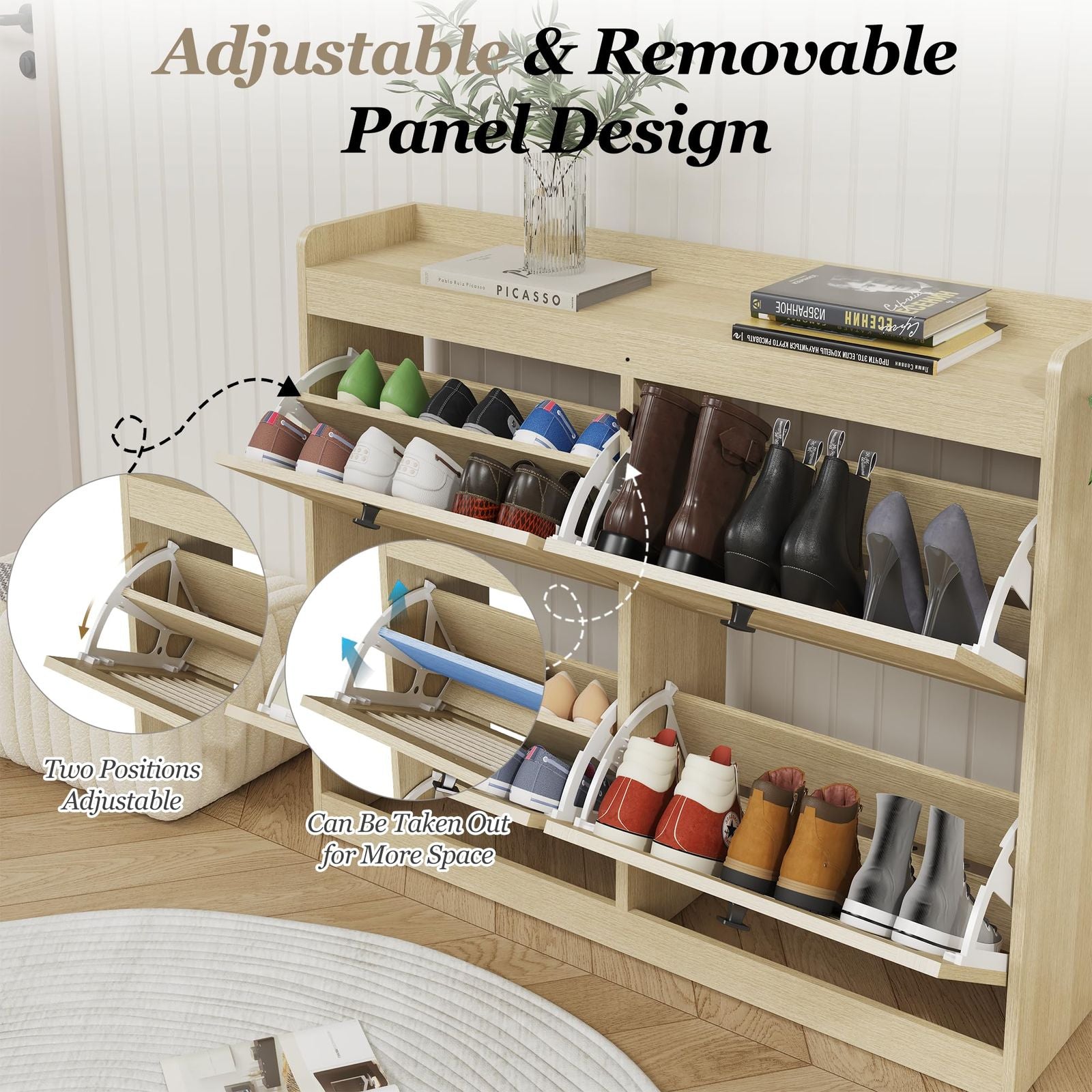 Large Narrow Freestanding Shoe Storage Cabinet with 4-Drawer Vertical Organizer - Modern Space-Saving Shoe Rack Suitable for Entryway, Hallway, Bedroom, Living Room - Assembly, Natural Finish &