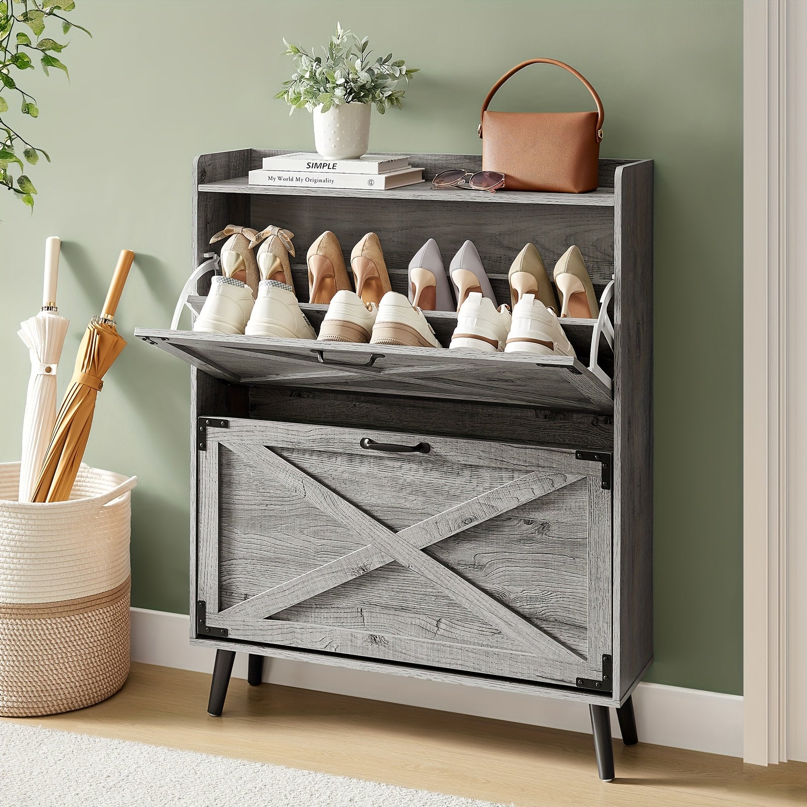 Shoe Storage, Shoe Racks, Shoe Storage Organizer, Cabinet with Doors, Compact Shoe Organizer with 2 Flip Drawers, for Entryway\u002FPorch\u002FLiving Room, Multiple Detachable Sturdy Racks, Perfect Holiday Gift for Home Organization
