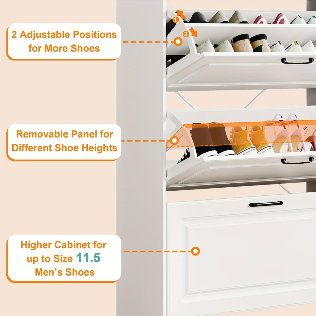 White Farmhouse Tall Shoe Storage Cabinet with 2 Flip-Down Drawers & Hidden Slim Organizer - Freestanding Narrow Shoe Rack with Golden-Toned Hardware, Space-Saving Entryway Organizer, Large Tabletop, Sturdy Hardwood Construction for Hallway, Foyer