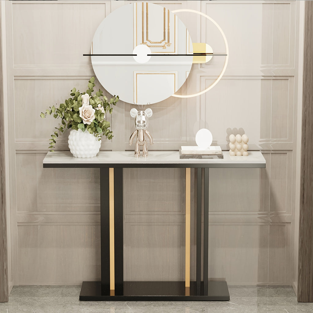 AESOME Modern Luxury Console Table with Snow Mountain White -Look Sintered Stone Top & Black\u002FGolden Metal Pedestal - Entryway Table for Hallway,, Sofa Side - Assembly, Scratch-Resistant, -