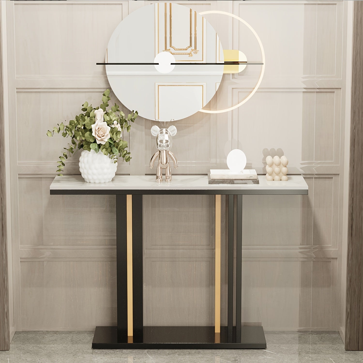AESOME Modern Luxury Console Table with Snow Mountain White -Look Sintered Stone Top & Black\u002FGolden Metal Pedestal - Entryway Table for Hallway,, Sofa Side - Assembly, Scratch-Resistant, -