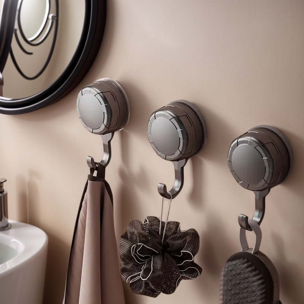 3 Non Punching Suction Cup Hooks - Strong Vacuum Self-adhesive Wall Hooks, White And Gray - Durable Plastic Towel Rack Suitable for Kitchen, Bathroom, And Toilet - Non Damaging And Reusable Practical Hooks, Multifunctional Hooks, Utility Hooks