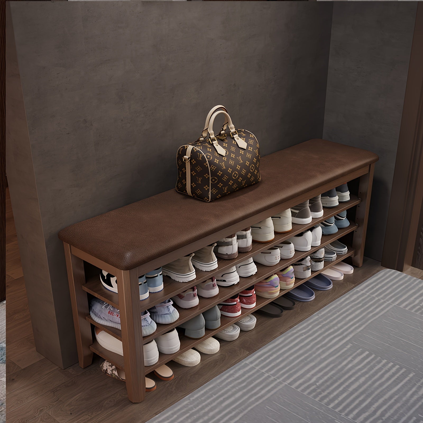 Three-tier Shoe Cabinet With Cushion Adjustable Height Solid Wood Shoe Rack Storage Cabinet Free Delivery Home Furnishings Foyer Furniture Limited Time Offer Walnut White Black, Christmas Gifts, Black Fridays Items, Free Shipping