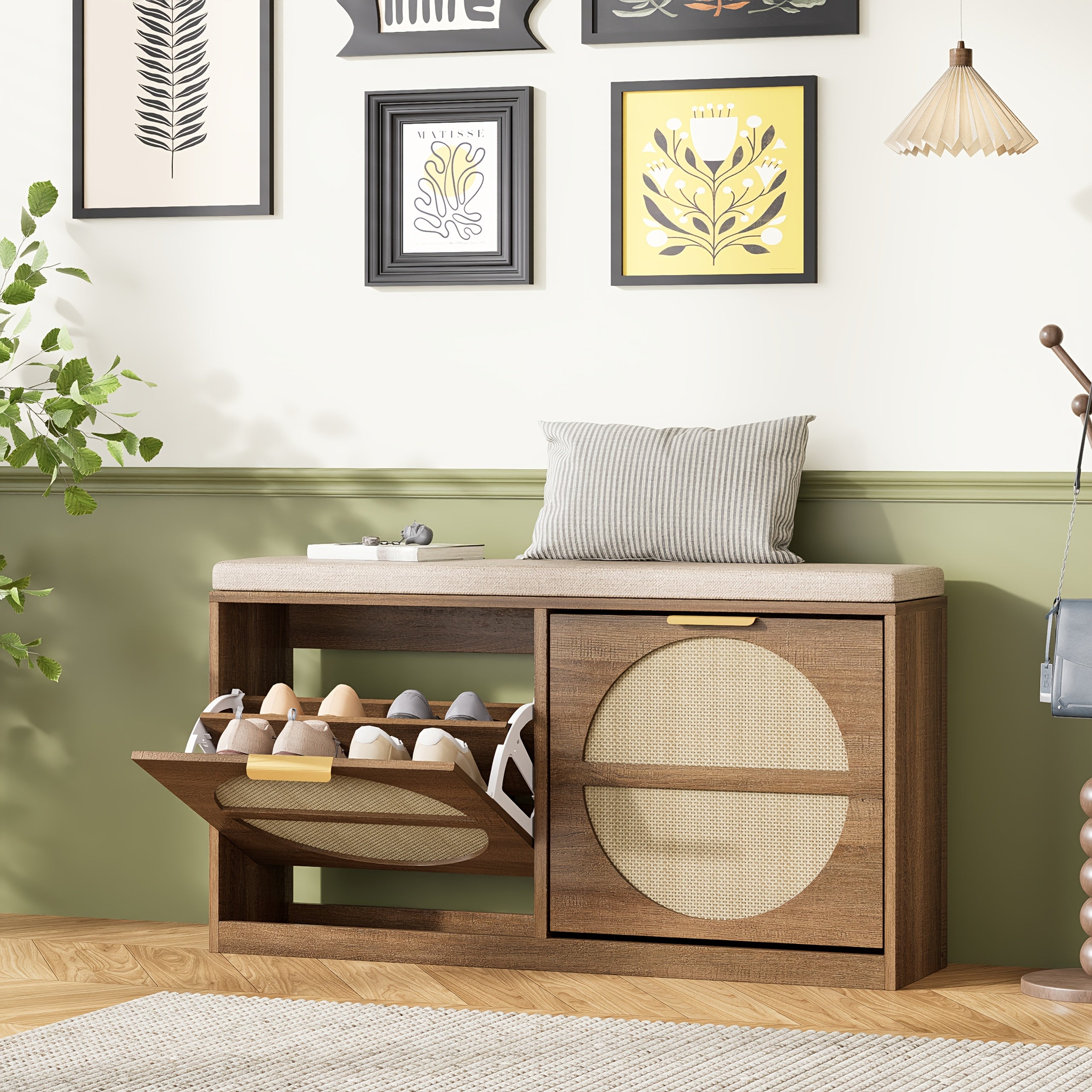 Rustic Rattan Entryway Bench with Cushion & Coat Rack - Narrow Shoe Cabinet Suitable for Hallway, Frame with Flip-Door Storage & 5-Hook Coat Rack, Cushioned, Space-Saving Shoe Organizer for Small Spaces, Entryway Furniture