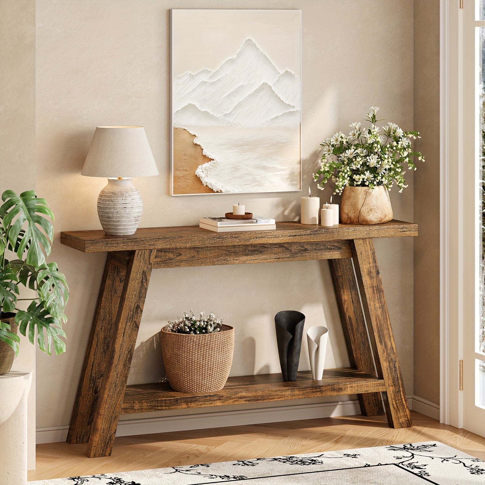 A 55-Inch Minimalist Console Table Designed for Entryways, Featuring a Narrow Rectangular Shape. It Can Serve As a Sofa Table Or TV Stand, Has a Two-Layer Design, Is Easy to Assemble, And Is Ideal for Corridors, Living Rooms, Entrances, And Halls