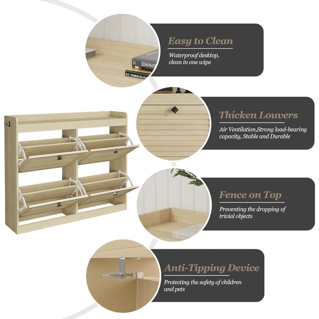 Large Narrow Freestanding Shoe Storage Cabinet with 4-Drawer Vertical Organizer - Modern Space-Saving Shoe Rack Suitable for Entryway, Hallway, Bedroom, Living Room - Assembly, Natural Finish &