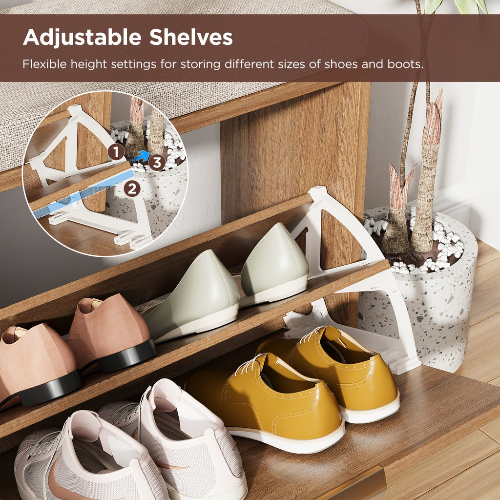 Rustic Rattan Entryway Bench with Cushion & Coat Rack - Narrow Shoe Cabinet Suitable for Hallway, Frame with Flip-Door Storage & 5-Hook Coat Rack, Cushioned, Space-Saving Shoe Organizer for Small Spaces, Entryway Furniture