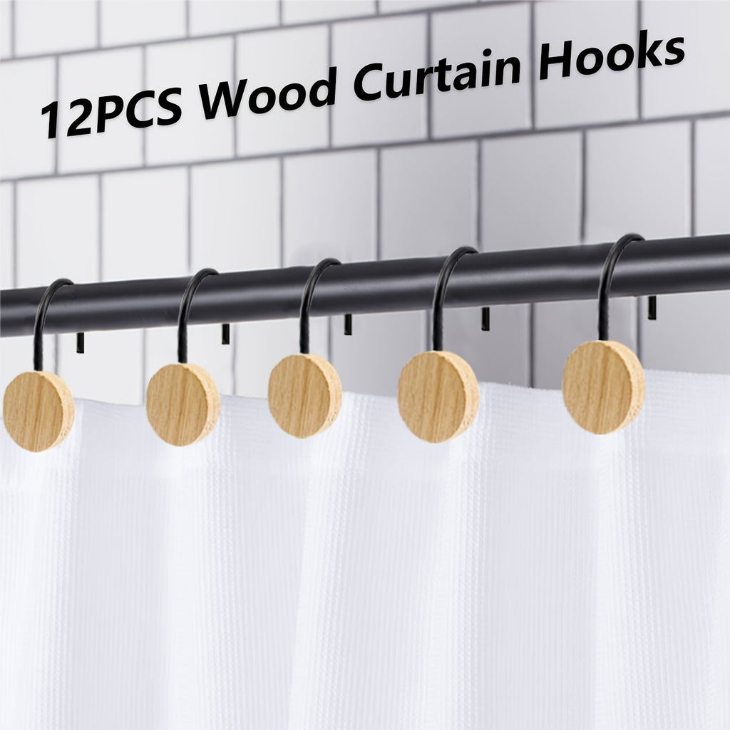 12pcs Wood Decorative Curtain Hooks, Shower Curtain Rings for Bathroom, Modern Decorative Shower Curtain Hangers for Shower Curtain Rod